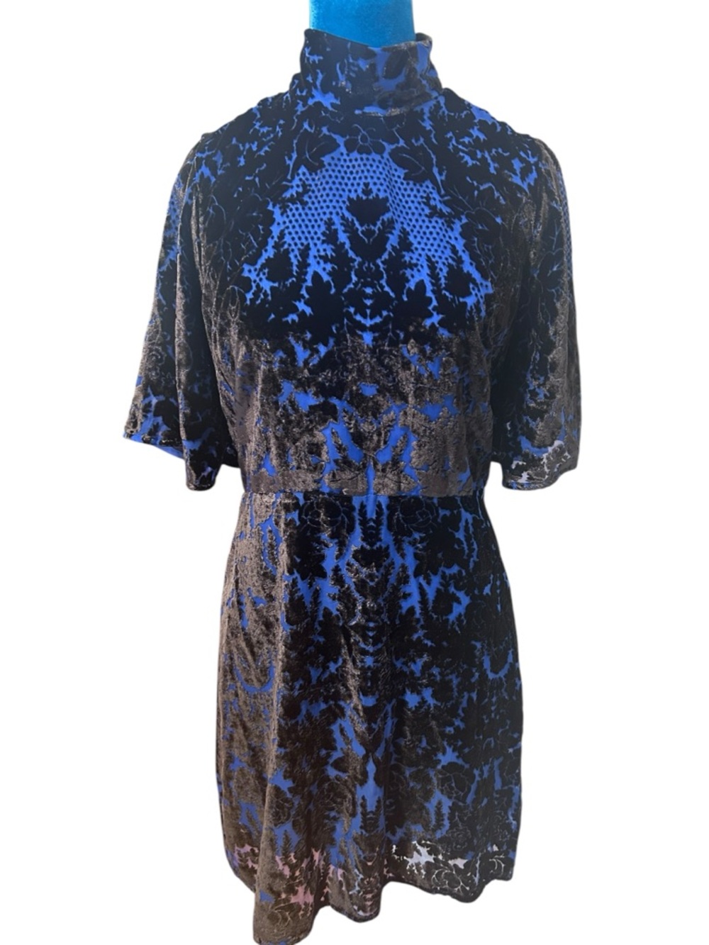 Anthropologie Velvet Burnout Dress Cobalt Blue Open Back mock Neck mini dress - Picture 2 of 6